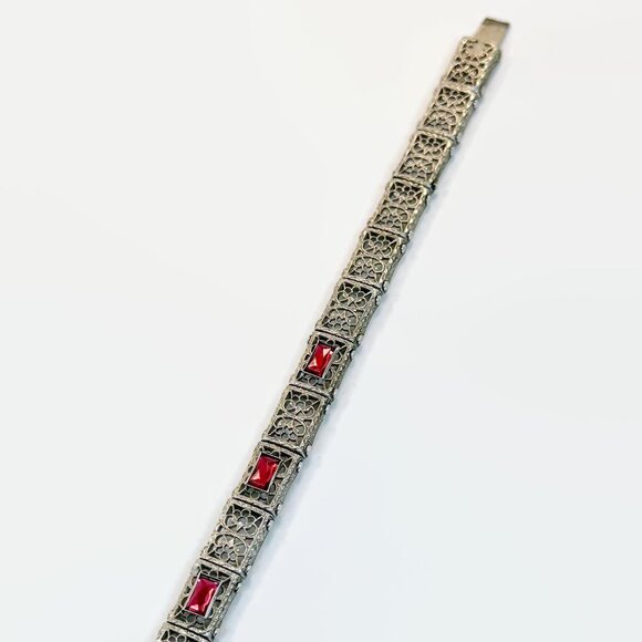Art Deco Bracelet, Sterling Silver, Filagree, Edwardian, 1920s, 1930s, Vintage - Picture 2 of 6